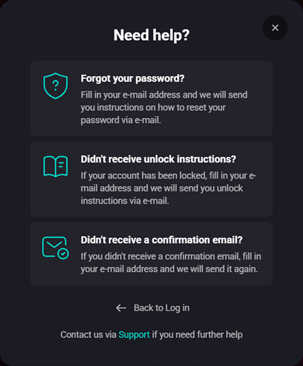 Help modal with password and email options