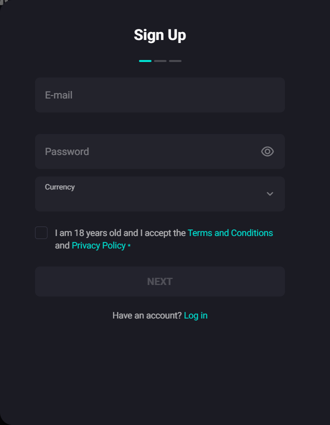 Registration step one with email and currency